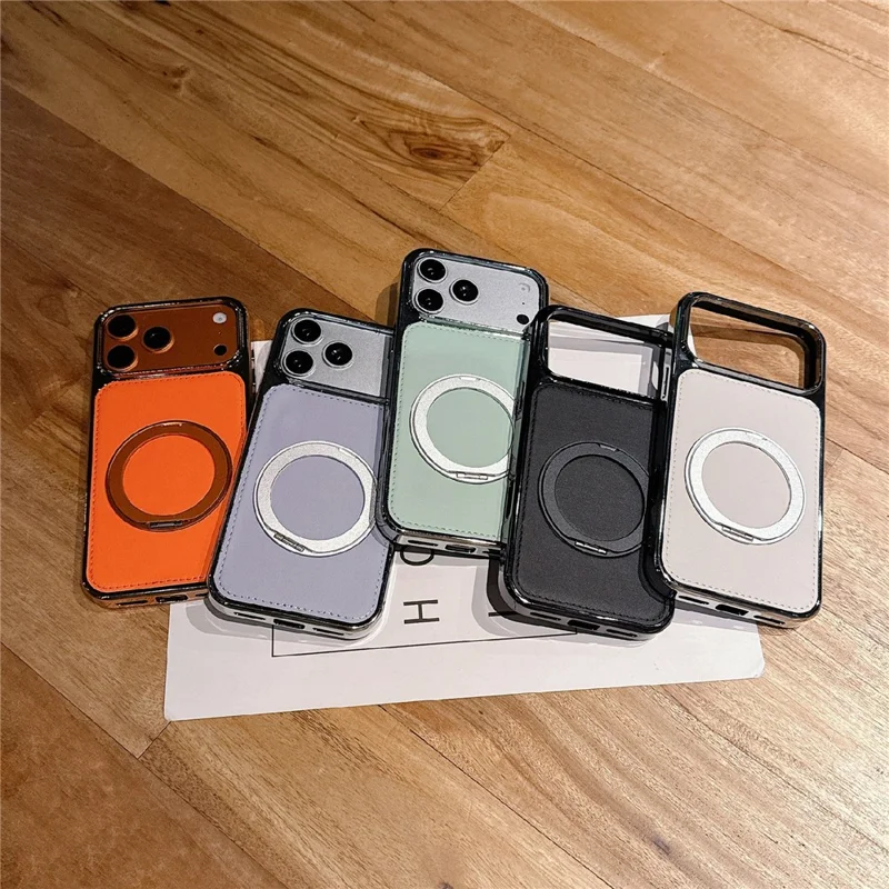 For iPhone 17 Pro Case Rotating Magnetic Kickstand Leather Coated PC + TPU Protective Cover - Orange