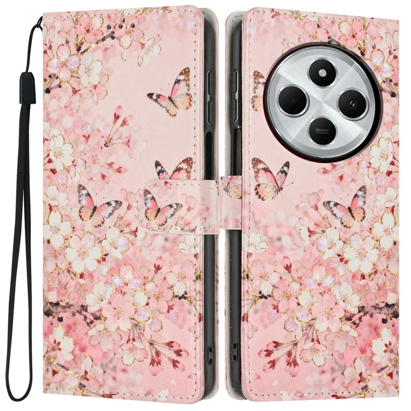 For Xiaomi Redmi 17C 4G Wallet Case Pattern Printing PU Leather Stand Flip Phone Cover with Wrist Strap - Pink Sakura Butterfly