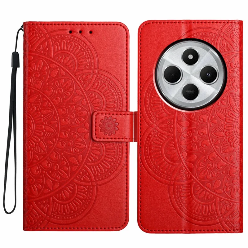 For Xiaomi Redmi 17C 4G Leather Case Stand Card Slots Mandala Pattern Phone Cover with Wrist Strap - Red