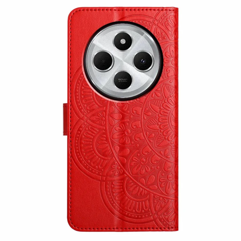 For Xiaomi Redmi 17C 4G Leather Case Stand Card Slots Mandala Pattern Phone Cover with Wrist Strap - Red