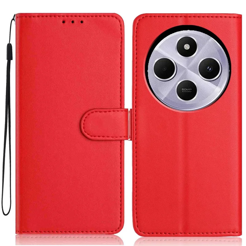 For Xiaomi Redmi 17C 4G Wallet Case with Strap  /  Multiple Card Slots Solid Color Leather Stand Phone Cover - Red
