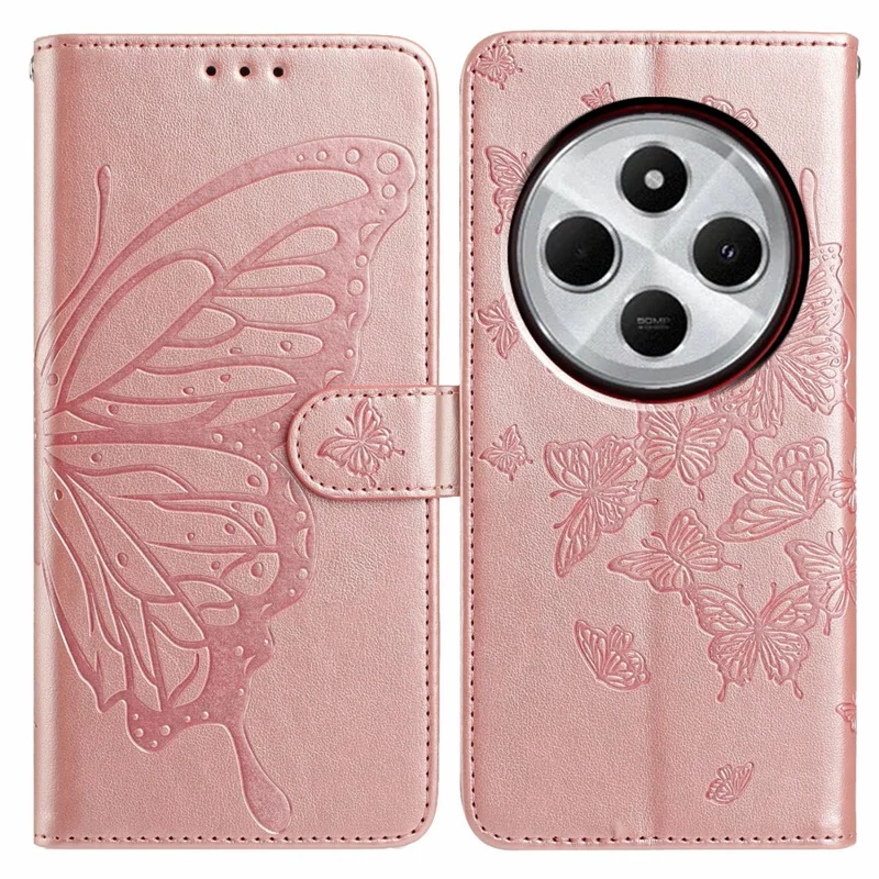 For Xiaomi Redmi 17C 4G Case Butterfly Imprinted Wallet Stand PU Leather Flip Phone Cover with Strap - Rose Gold
