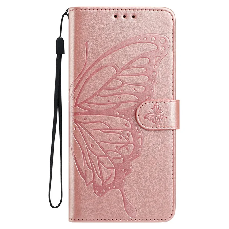 For Xiaomi Redmi 17C 4G Case Butterfly Imprinted Wallet Stand PU Leather Flip Phone Cover with Strap - Rose Gold