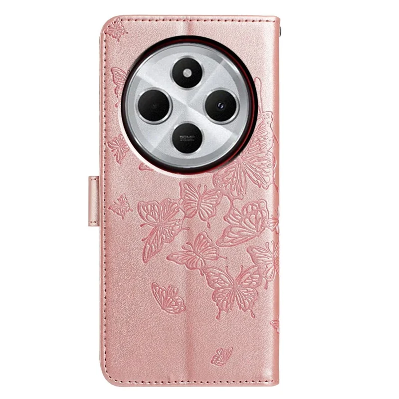 For Xiaomi Redmi 17C 4G Case Butterfly Imprinted Wallet Stand PU Leather Flip Phone Cover with Strap - Rose Gold
