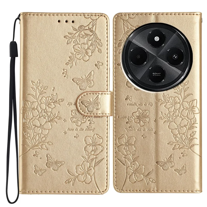 For Xiaomi Redmi 17C 4G Wallet Phone Case Butterfly Floral Imprint Leather Flip Cover with Strap - Gold