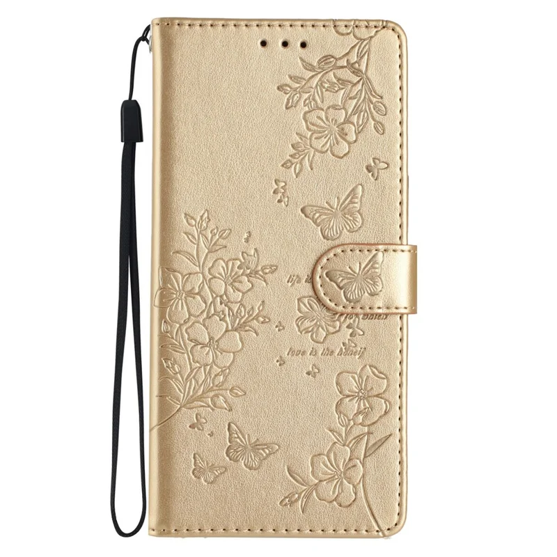 For Xiaomi Redmi 17C 4G Wallet Phone Case Butterfly Floral Imprint Leather Flip Cover with Strap - Gold