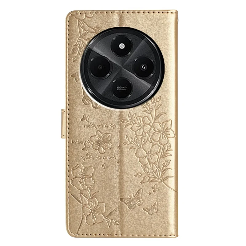 For Xiaomi Redmi 17C 4G Wallet Phone Case Butterfly Floral Imprint Leather Flip Cover with Strap - Gold