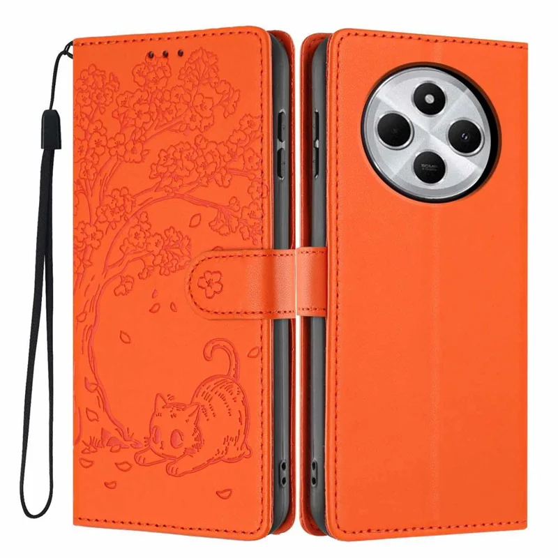 For Xiaomi Redmi 17C 4G Stand Case Tree-and-Cat Pattern PU Leather Wallet Protective Phone Cover with Wrist Strap - Orange