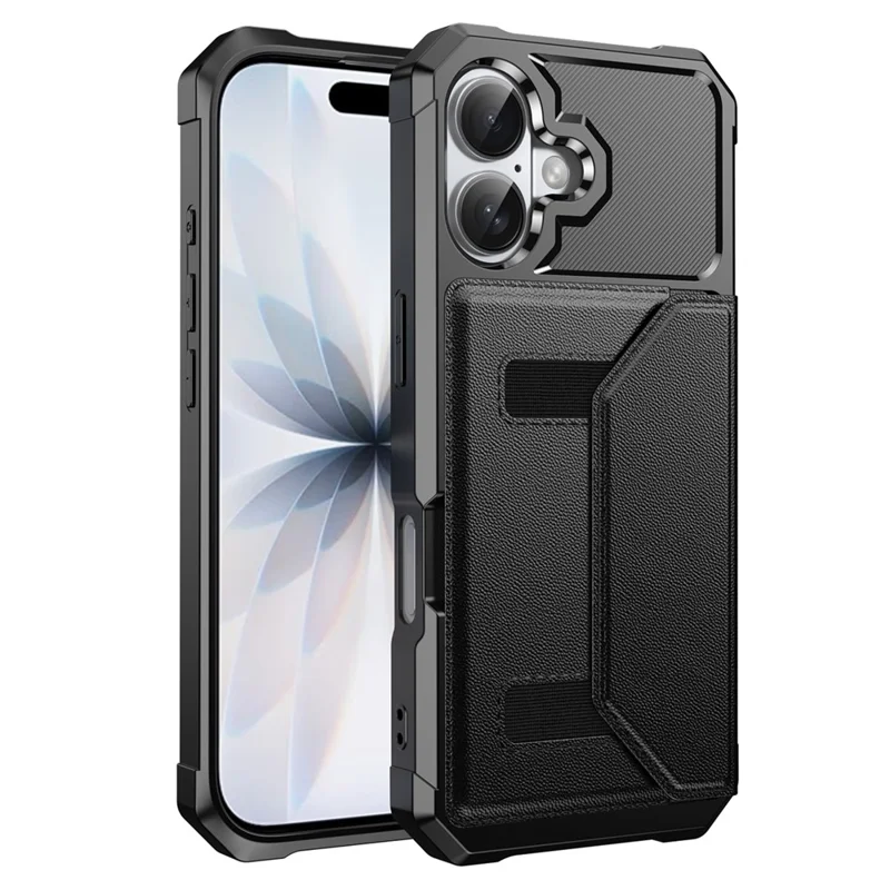 Für iPhone 16 Hülle mit Kartenfach Leder + TPU Anti-Drop Handyhülle - Schwarz