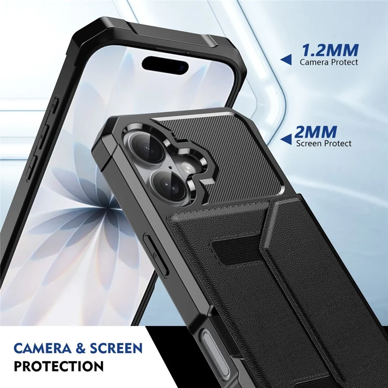 Für iPhone 16 Hülle mit Kartenfach Leder + TPU Anti-Drop Handyhülle - Schwarz