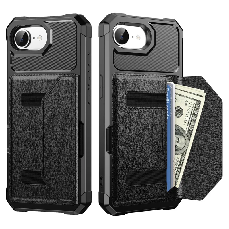 Чехол для iPhone 17e / 16e с держателем карт из кожи + TPU, антиударный чехол-книжка - Черный