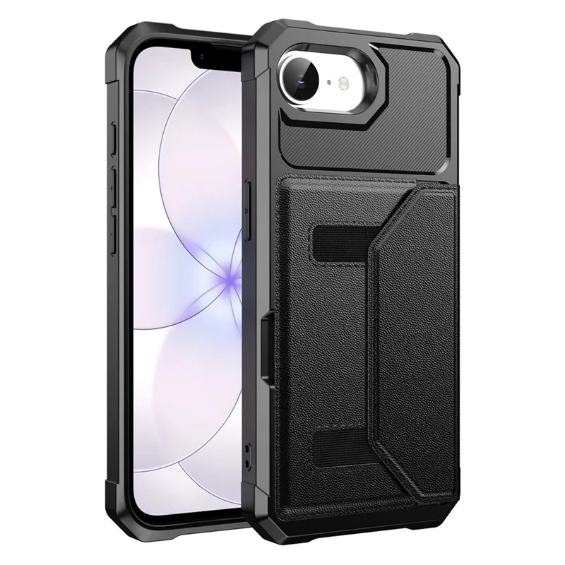 Чехол для iPhone 17e / 16e с держателем карт из кожи + TPU, антиударный чехол-книжка - Черный