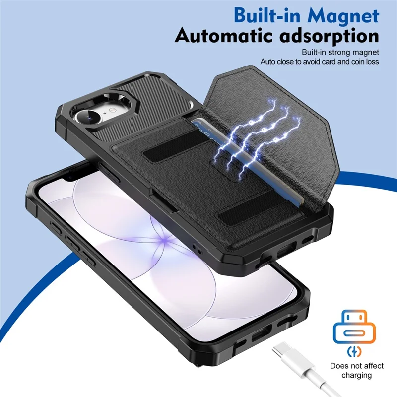Чехол для iPhone 17e / 16e с держателем карт из кожи + TPU, антиударный чехол-книжка - Черный
