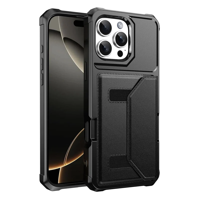 Für iPhone 16 Pro Max Hülle mit Kartenfach Leder + TPU Anti-Sturz Handyhülle - Schwarz