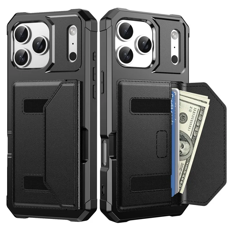 For iPhone 17 Pro Case Card Holder Leather + TPU Anti-drop Phone Cover - Black