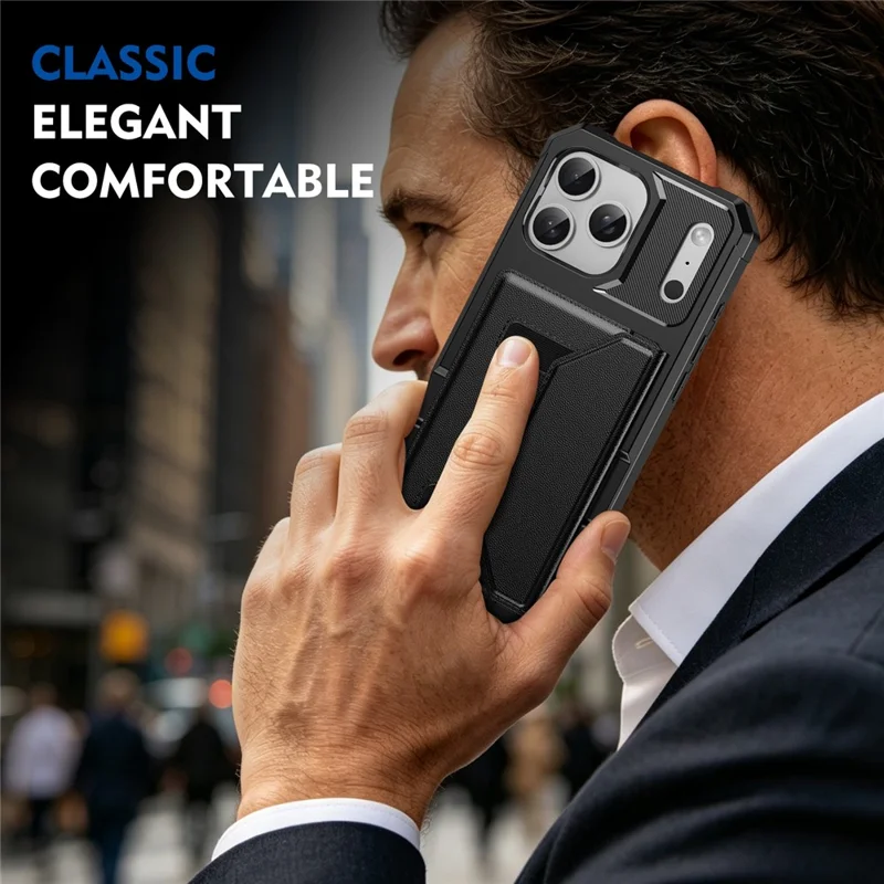 For iPhone 17 Pro Case Card Holder Leather + TPU Anti-drop Phone Cover - Black