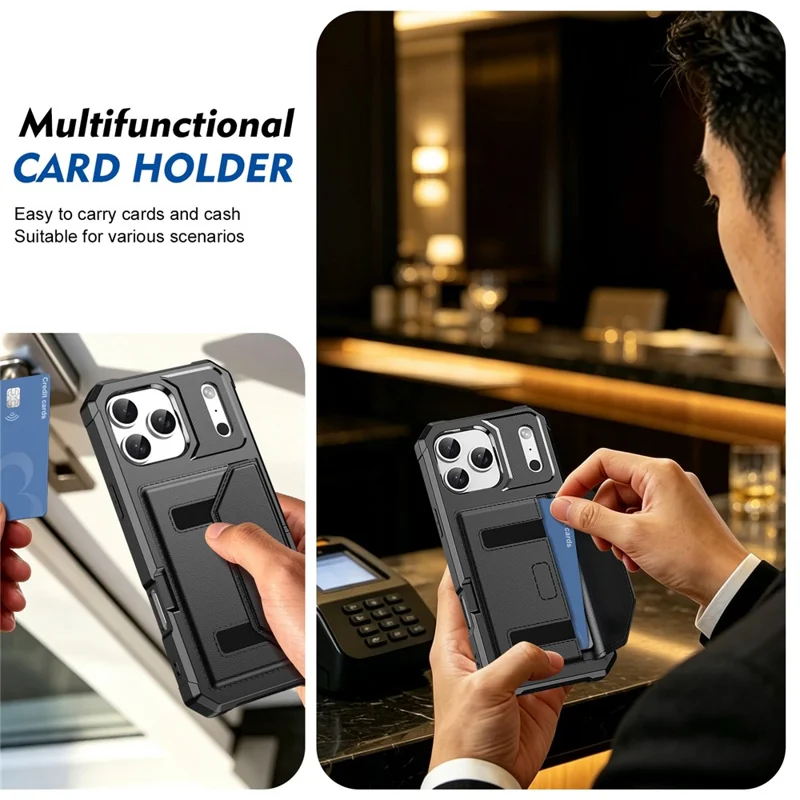 For iPhone 17 Pro Case Card Holder Leather + TPU Anti-drop Phone Cover - Black