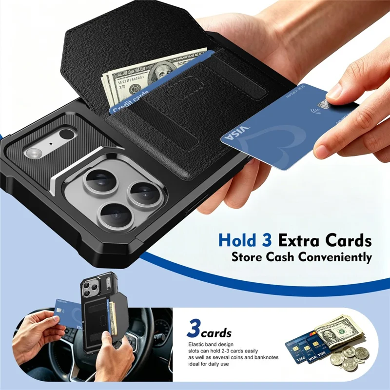 For iPhone 17 Pro Case Card Holder Leather + TPU Anti-drop Phone Cover - Black