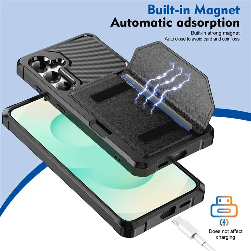 Voor Samsung Galaxy A55 5G hoesje met kaarthouder van leer + TPU anti-val telefoonhoes - Zwart