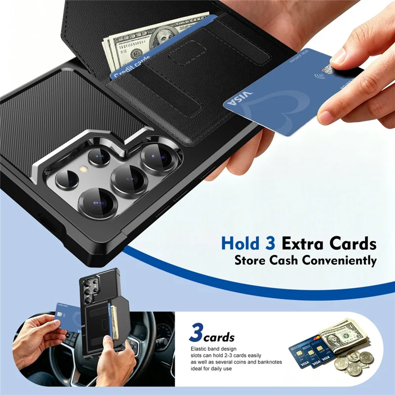 For Samsung Galaxy S24 Ultra Case Card Holder Leather + TPU Anti-drop Phone Cover - Black