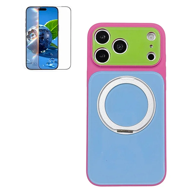 Funda para iPhone 17 Pro Max con Soporte Magnético Giratorio, Funda de Acrílico + TPU con Bloqueo de Color y Protector de Pantalla de Vidrio Templado - Rosa+Azul