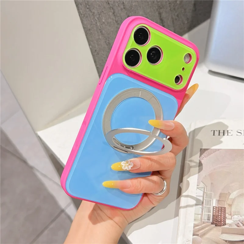 Funda para iPhone 17 Pro Max con Soporte Magnético Giratorio, Funda de Acrílico + TPU con Bloqueo de Color y Protector de Pantalla de Vidrio Templado - Rosa+Azul