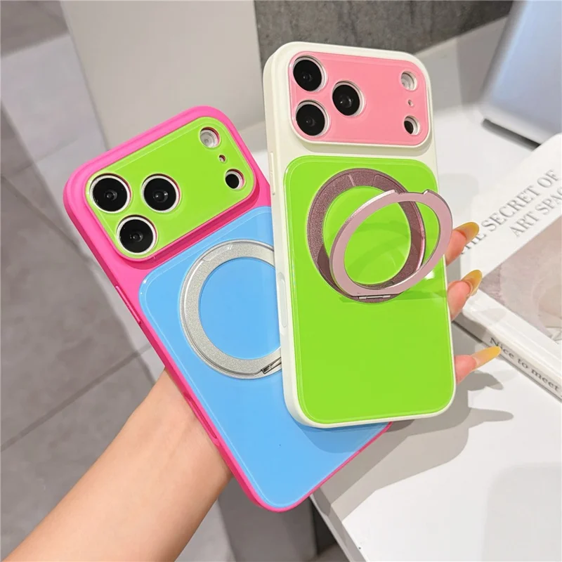 Funda para iPhone 17 Pro Max con Soporte Magnético Giratorio, Funda de Acrílico + TPU con Bloqueo de Color y Protector de Pantalla de Vidrio Templado - Rosa+Azul