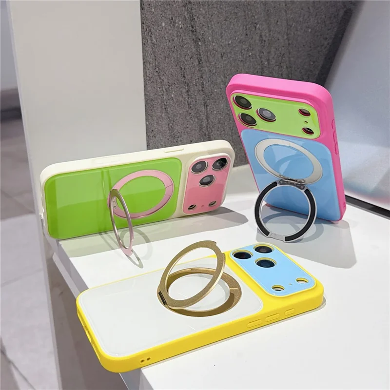 Funda para iPhone 17 Pro Max con Soporte Magnético Giratorio, Funda de Acrílico + TPU con Bloqueo de Color y Protector de Pantalla de Vidrio Templado - Rosa+Azul