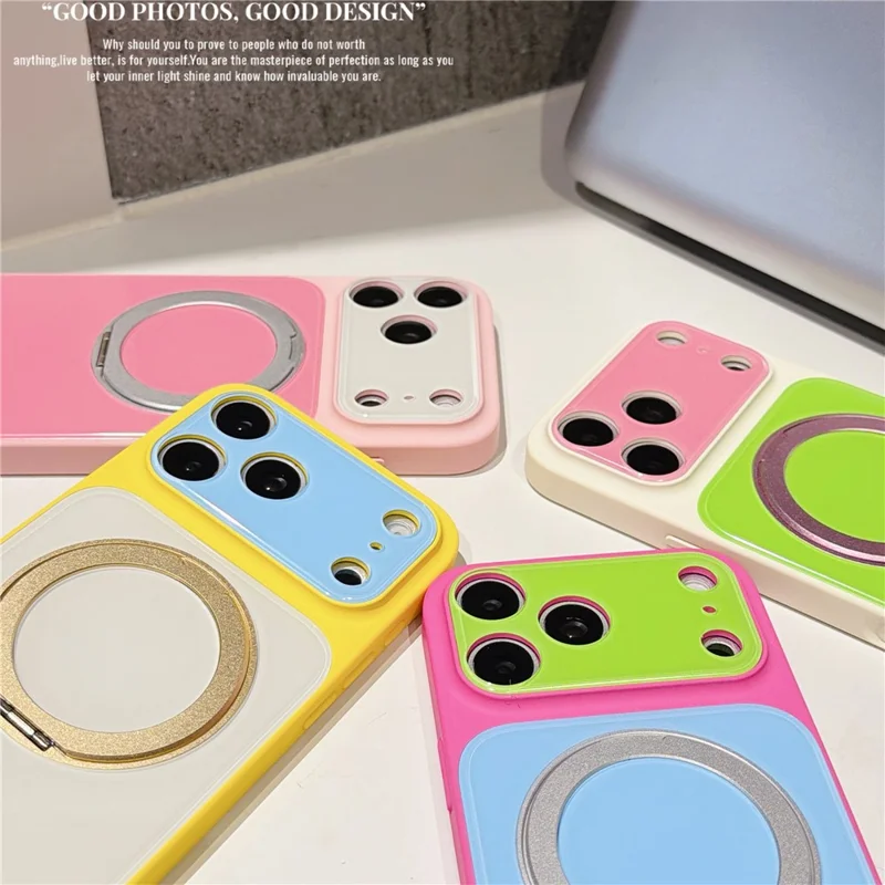 Funda para iPhone 17 Pro Max con Soporte Magnético Giratorio, Funda de Acrílico + TPU con Bloqueo de Color y Protector de Pantalla de Vidrio Templado - Rosa+Azul