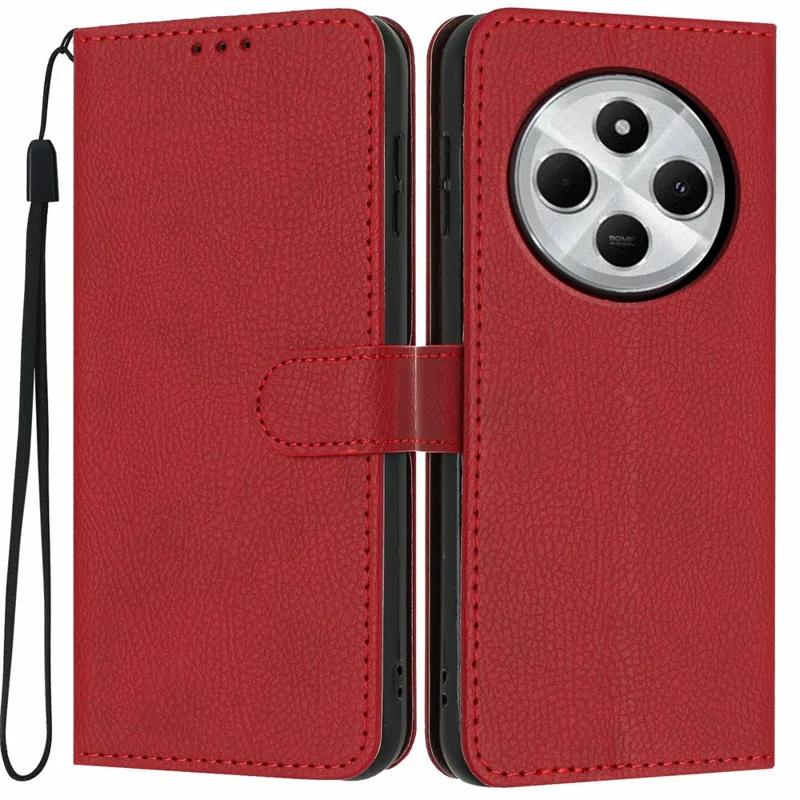 For Xiaomi Redmi 17C 4G Wallet Case Litchi Texture Leather Flip Cover with Card Slots and Hand Strap - Red