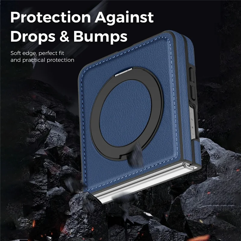 For Samsung Galaxy Z Flip8 Magnetic Case with Ring Kickstand PU Leather Back Cover - Sapphire
