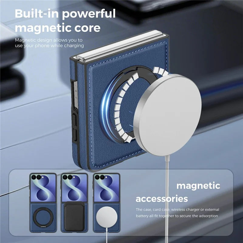 For Samsung Galaxy Z Flip8 Magnetic Case with Ring Kickstand PU Leather Back Cover - Sapphire