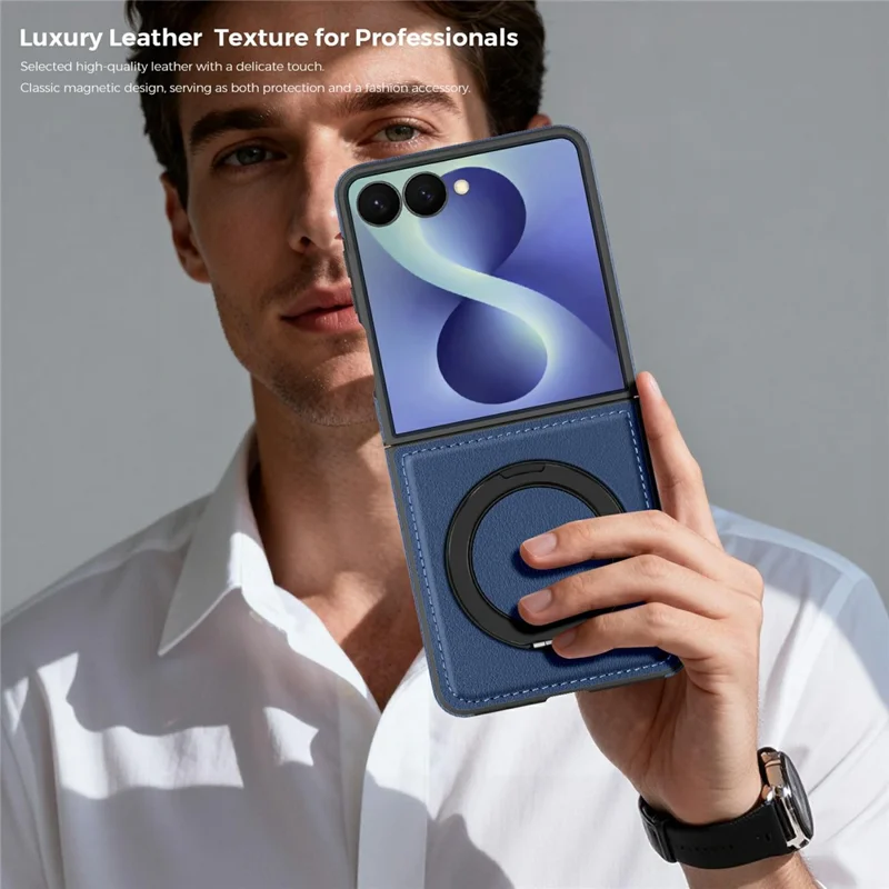 For Samsung Galaxy Z Flip8 Magnetic Case with Ring Kickstand PU Leather Back Cover - Sapphire