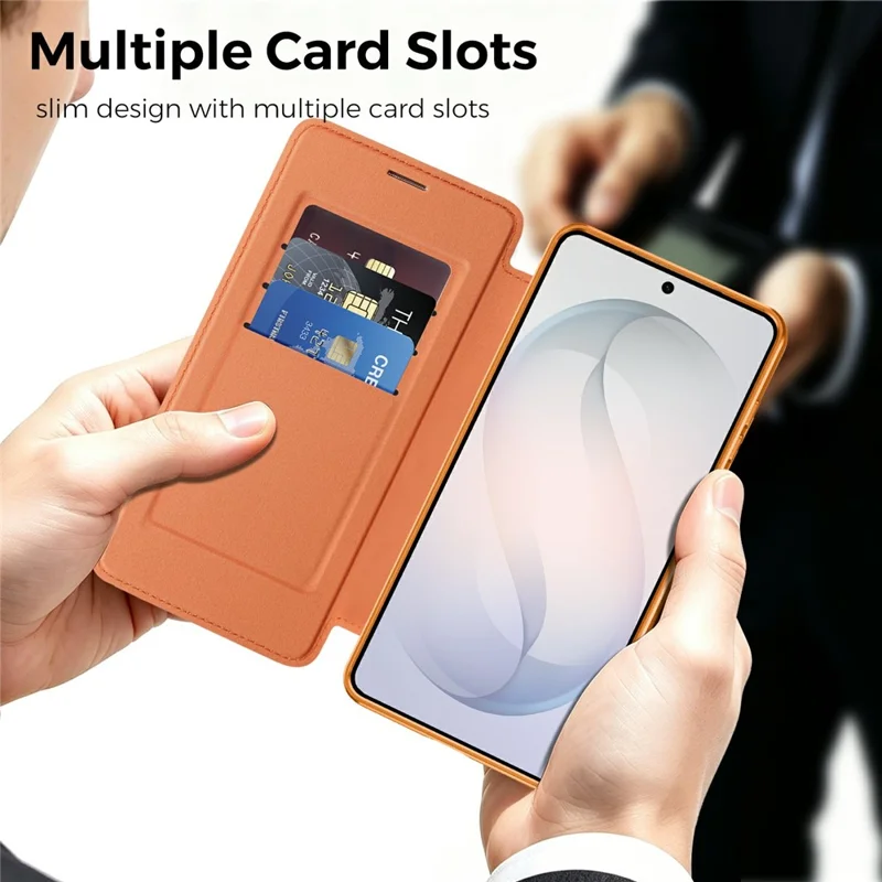For Samsung Galaxy S26+ Magnetic Case RFID Blocking Card Slots Leather Cover - Orange