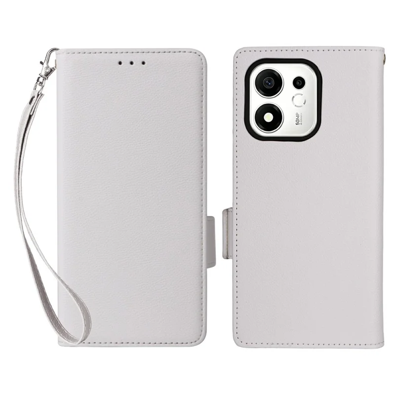 For Honor 600 Smart 5G Case Litchi Texture Wallet Leather Phone Cover with Wrist Strap - White