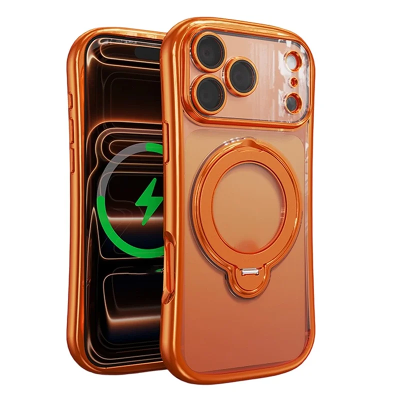 For iPhone 17 Pro Case Rotating Magnetic Kickstand Shockproof TPU Electroplating Phone Cover - Orange