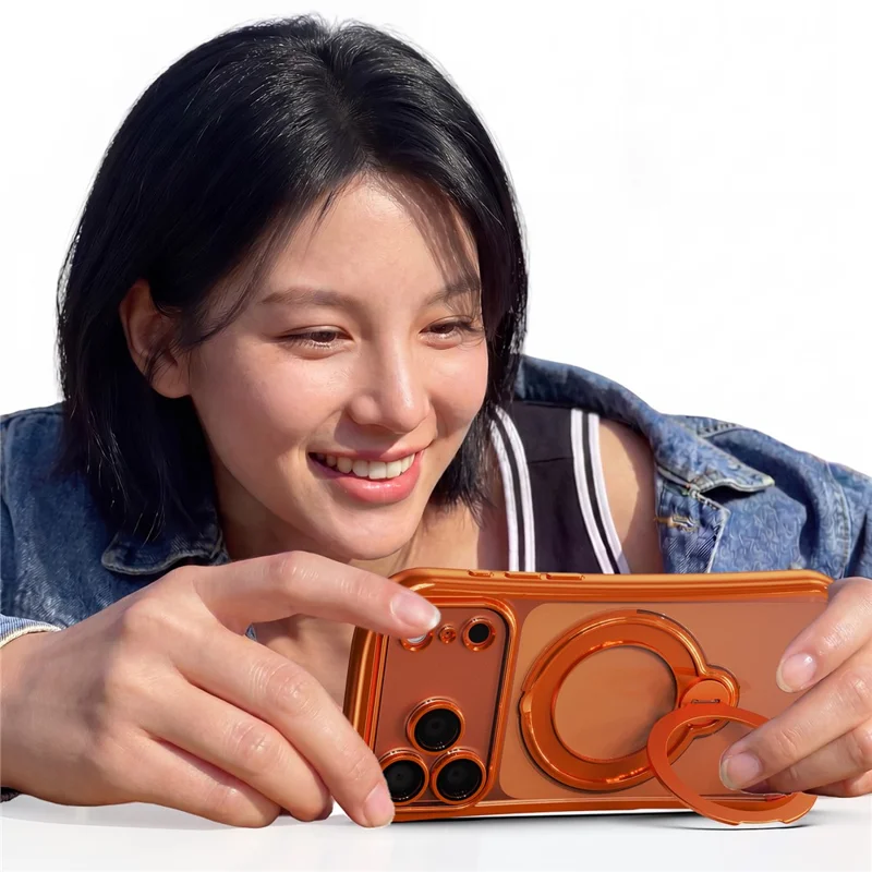 For iPhone 17 Pro Case Rotating Magnetic Kickstand Shockproof TPU Electroplating Phone Cover - Orange