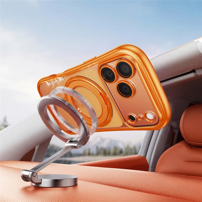 For iPhone 17 Pro Case Rotating Magnetic Kickstand Shockproof TPU Electroplating Phone Cover - Orange