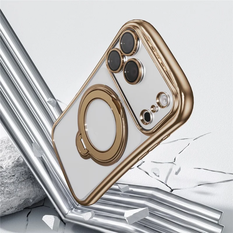Чехол для iPhone 17 Pro Max с поворотной магнитной подставкой, ударопрочный, из ТПУ, с гальваническим покрытием, золотой цвет