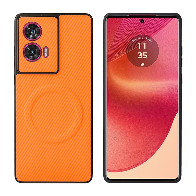 Cover per Motorola Edge 50 Fusion 5G / G96 5G con Texture in Fibra di Carbonio, Rivestimento in Pelle, TPU e PC con Anello Metallico per Supporto Magnetico Auto - Arancione