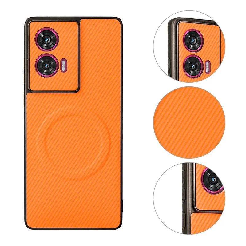 Cover per Motorola Edge 50 Fusion 5G / G96 5G con Texture in Fibra di Carbonio, Rivestimento in Pelle, TPU e PC con Anello Metallico per Supporto Magnetico Auto - Arancione