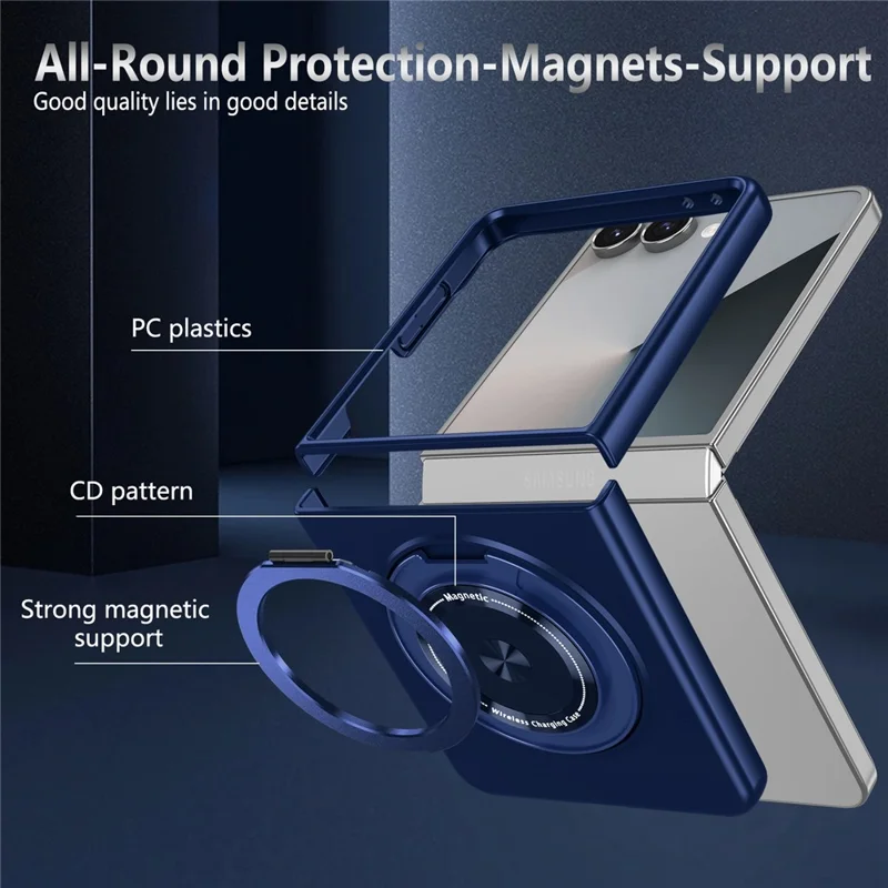 For Samsung Galaxy Z Flip7 5G Case Magnetic Rotatable Ring Kickstand PC Folding Phone Cover - Blue