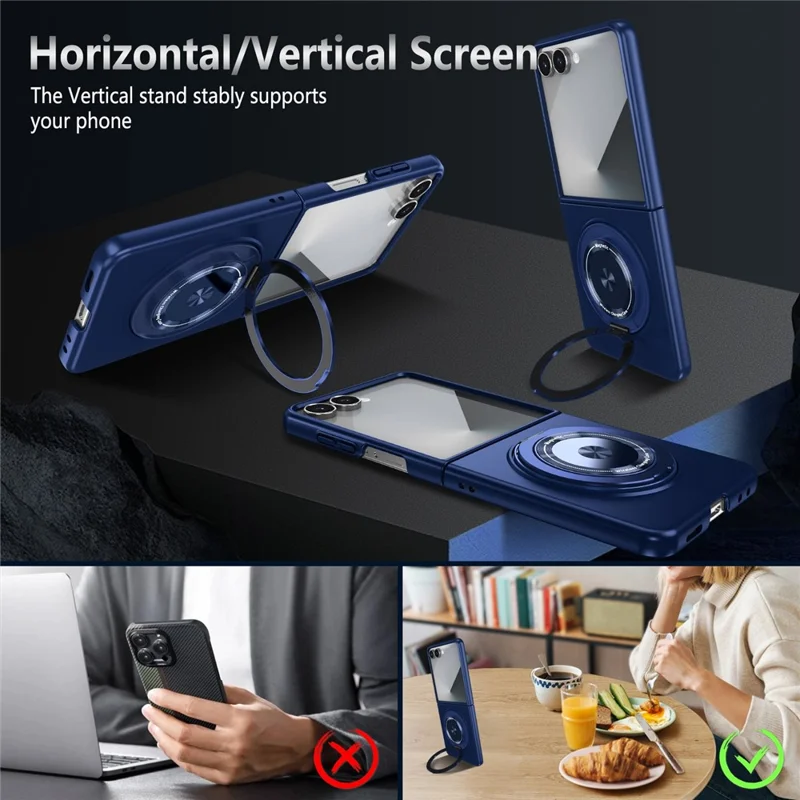 For Samsung Galaxy Z Flip7 5G Case Magnetic Rotatable Ring Kickstand PC Folding Phone Cover - Blue
