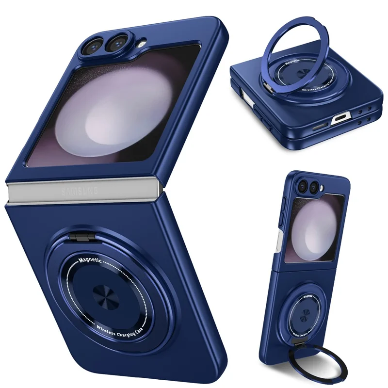 Capa para Samsung Galaxy Z Flip6 5G / Z Flip7 FE 5G com Anel Magnético Rotativo e Suporte, em Plástico PC - Azul