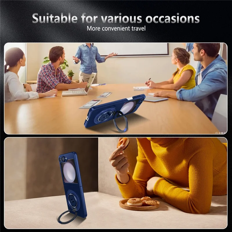 Capa para Samsung Galaxy Z Flip6 5G / Z Flip7 FE 5G com Anel Magnético Rotativo e Suporte, em Plástico PC - Azul