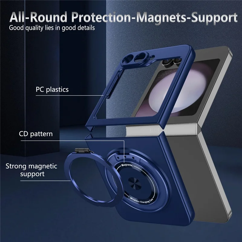Capa para Samsung Galaxy Z Flip6 5G / Z Flip7 FE 5G com Anel Magnético Rotativo e Suporte, em Plástico PC - Azul