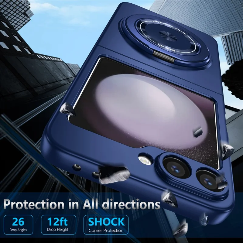 Capa para Samsung Galaxy Z Flip6 5G / Z Flip7 FE 5G com Anel Magnético Rotativo e Suporte, em Plástico PC - Azul