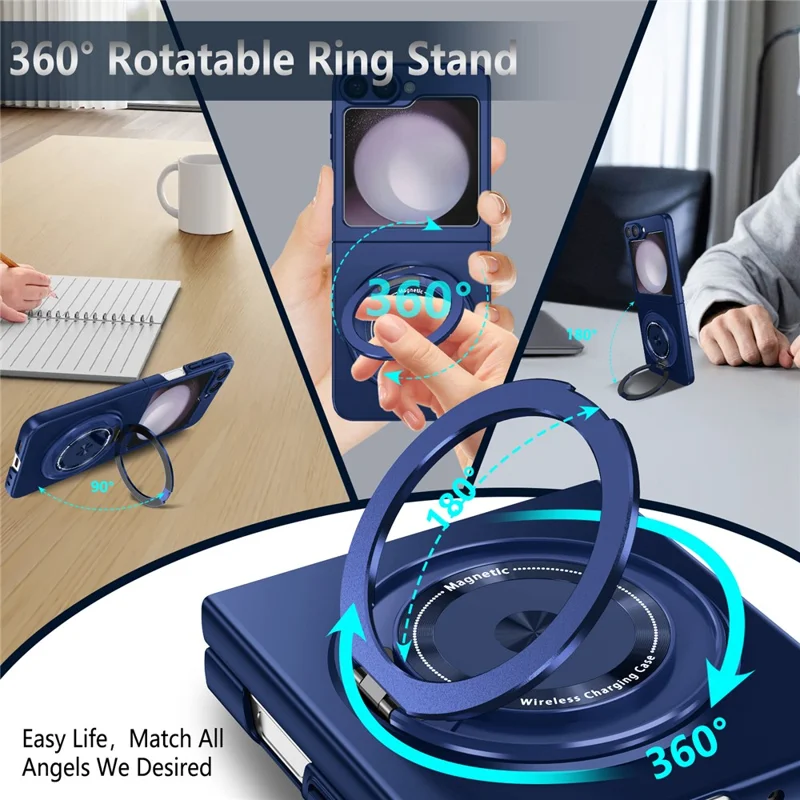 Capa para Samsung Galaxy Z Flip6 5G / Z Flip7 FE 5G com Anel Magnético Rotativo e Suporte, em Plástico PC - Azul