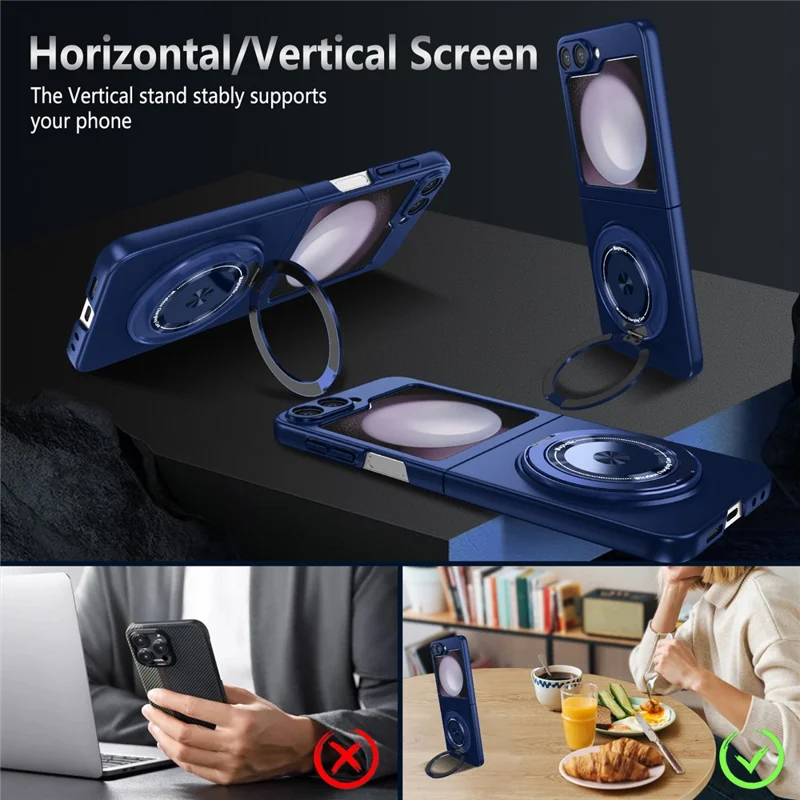 Capa para Samsung Galaxy Z Flip6 5G / Z Flip7 FE 5G com Anel Magnético Rotativo e Suporte, em Plástico PC - Azul