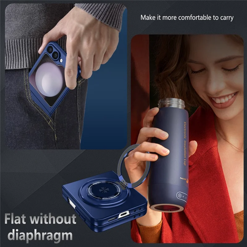 Capa para Samsung Galaxy Z Flip6 5G / Z Flip7 FE 5G com Anel Magnético Rotativo e Suporte, em Plástico PC - Azul